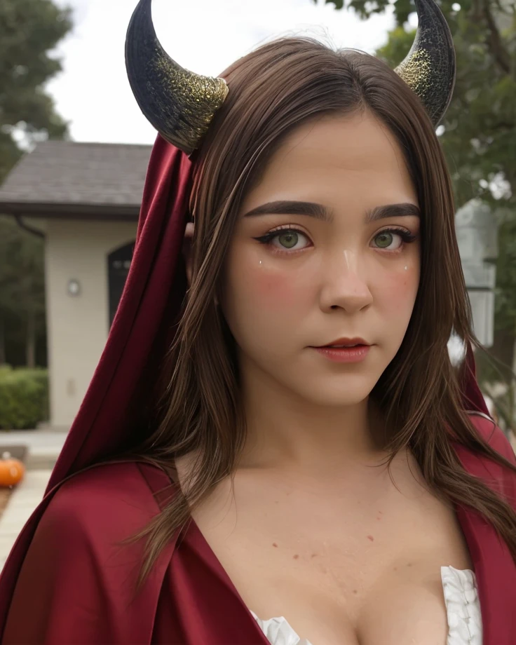 a picture of st4ryuuki15, woman , brunette, realistic, photorealistic, detailed skin, surface scattering, bokeh, skin pores, wearing devil horn,halloween,wearing a red cape,detailed face, detailed eyes,green eyes <lora:st4ryuuki15:1>