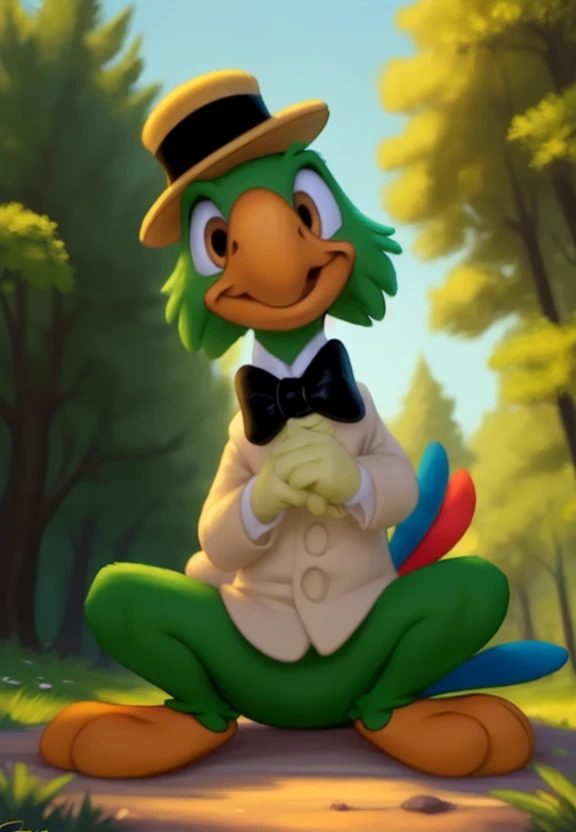 <lora:JoseCariocaBirdCartoYif:1>  solo,   nude, sitting with his legs spread, grinning,, smile, looking at viewer,   worm's-eye view,
JoseCariocaBirdCartoYif, Parrot, green feathers, beak, gray eyes, white gloves, smal shirt, bow tie, hat,
[day, Forest, clearing, sky, small houses, grass around the road,]  (beautiful, aesthetic, perfect, delicate, intricate, masterpiece,)
by taran fiddler, by cynicalstarr, by personalami,