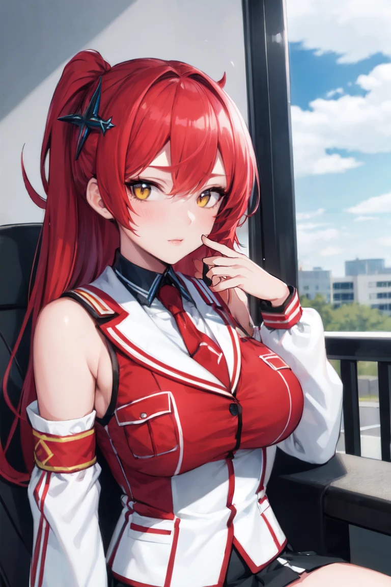 Nishikino maki, from side, purple eyes, open mouth,red hair, curvy body, big breasts,sad,((short bodycon dress)), strapless , sleeveless, bare shoulders ,gloves, police cap, blushing,humiliated ,on ground,defeated, looking at viewer, in prison, embarrassed,(cum on face:1.3), cum on breasts,cum on clothes