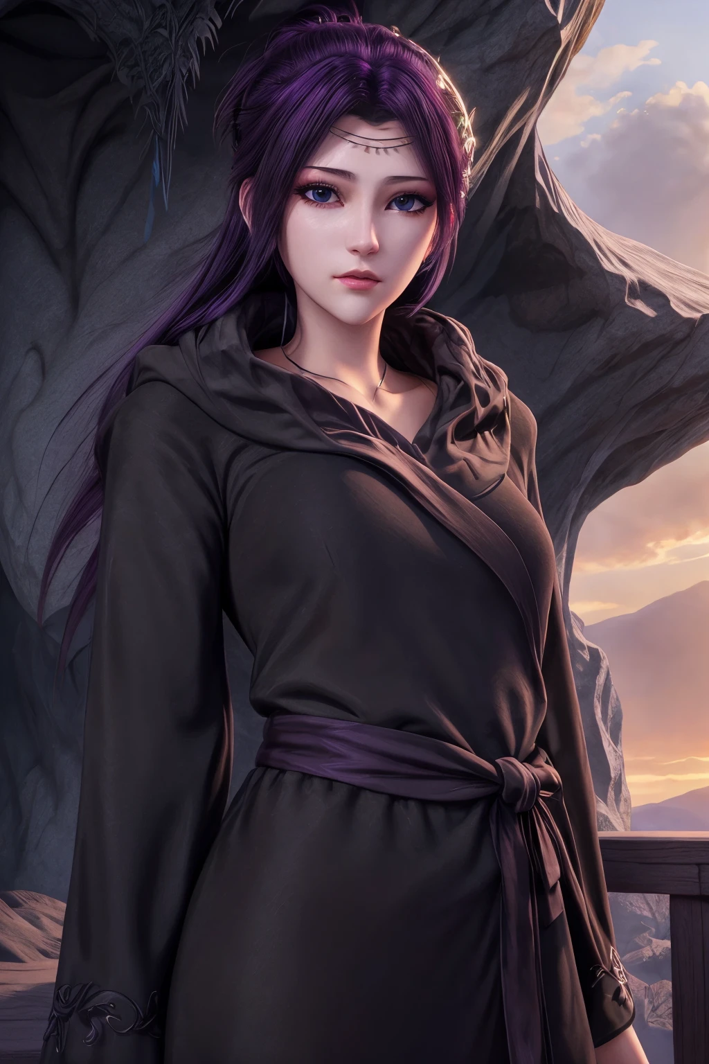 <lora:yunzhi-Y001:0.9>,yunzhi,black robe,1girl,solo,black hair,long hair,hood,sky,blue eyes,(frontlet:1.2),(hair accessories:1.2),(headwear_request:1.2),upper body,ice,crystal,cloud,closed mouth,hood down,sunset,(jewelry:1.3),looking at viewer,outdoors,(mature female:1.2),long face,<lora:Add More Detailsç»èè°æ´:0.8>,purple hair,, best quality , masterpiece, illustration, an extremely delicate and beautiful, extremely detailed ,CG,unity,8k wallpaper, Amazing, finely detail, masterpiece, best quality,official art,extremely detailed CG unity 8k wallpaper,absurdres, incredibly absurdres, huge filesize , ultra-detailed, highres, extremely detailed,beautiful detailed girl, extremely detailed eyes and face, beautiful detailed eyes,light on face,