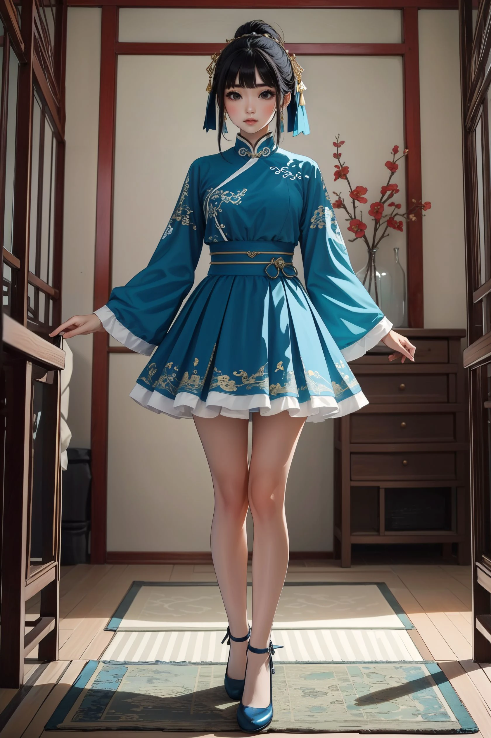 masterpiece,best quality,1girl,<lora:Miniskirt:0.8>,miniskirt,full body,middle length,chinese style,blue,