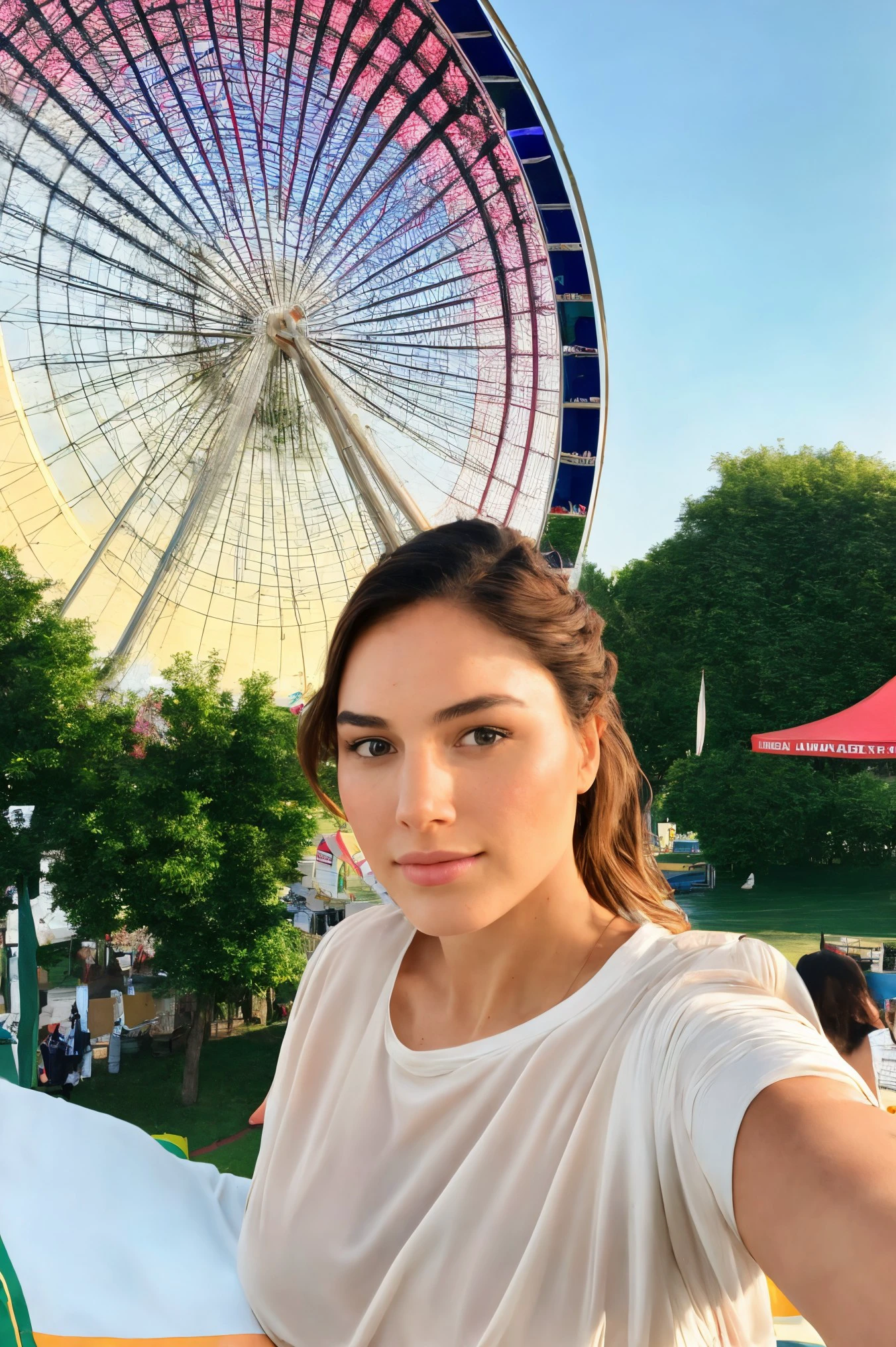 woman 20 years young, European,
([Gal( :0)Gadot|valentina nappi|jennifer( :0)lawrence]:0.9) closeup,
selfie, <lora:dynamic_shot_49_selfie:0.85>
(Traditional country fair and Ferris wheel at background:0.9),
highres, high quality, high resolution, hd, 4k, masterpiece, realistic,
