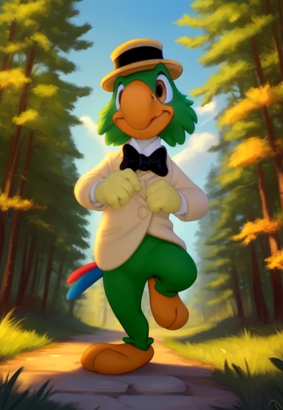 <lora:JoseCariocaBirdCartoYif:1>  solo,   nude, standing on the path, smile, looking at viewer,   worm's-eye view,
JoseCariocaBirdCartoYif, Parrot, green feathers, beak, gray eyes, white gloves, smal shirt, bow tie, hat,
[day, Forest, clearing, sky, small houses, grass around the road,]  (beautiful, aesthetic, perfect, delicate, intricate, masterpiece,)
by taran fiddler, by cynicalstarr, by personalami,