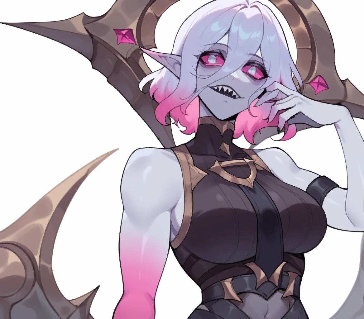 <lora:NyantchaV1:1> <lora:Briar-20 t:1> score_9, score_8_up, score_7_up, score_6_up, nyantcha, masterpiece, Briar, league of legends, 1girl, solo, hair between eyes, multicolored hair, colored sclera, colored skin, silver eyes, pink sclera, gradient hair, pink hair, short hair, gray skin, pointy ears, white hair, big breasts, sharp teeth, arm behind the back, breasts, closed mouth, hand up, white background, simple background, looking at viewer, navel