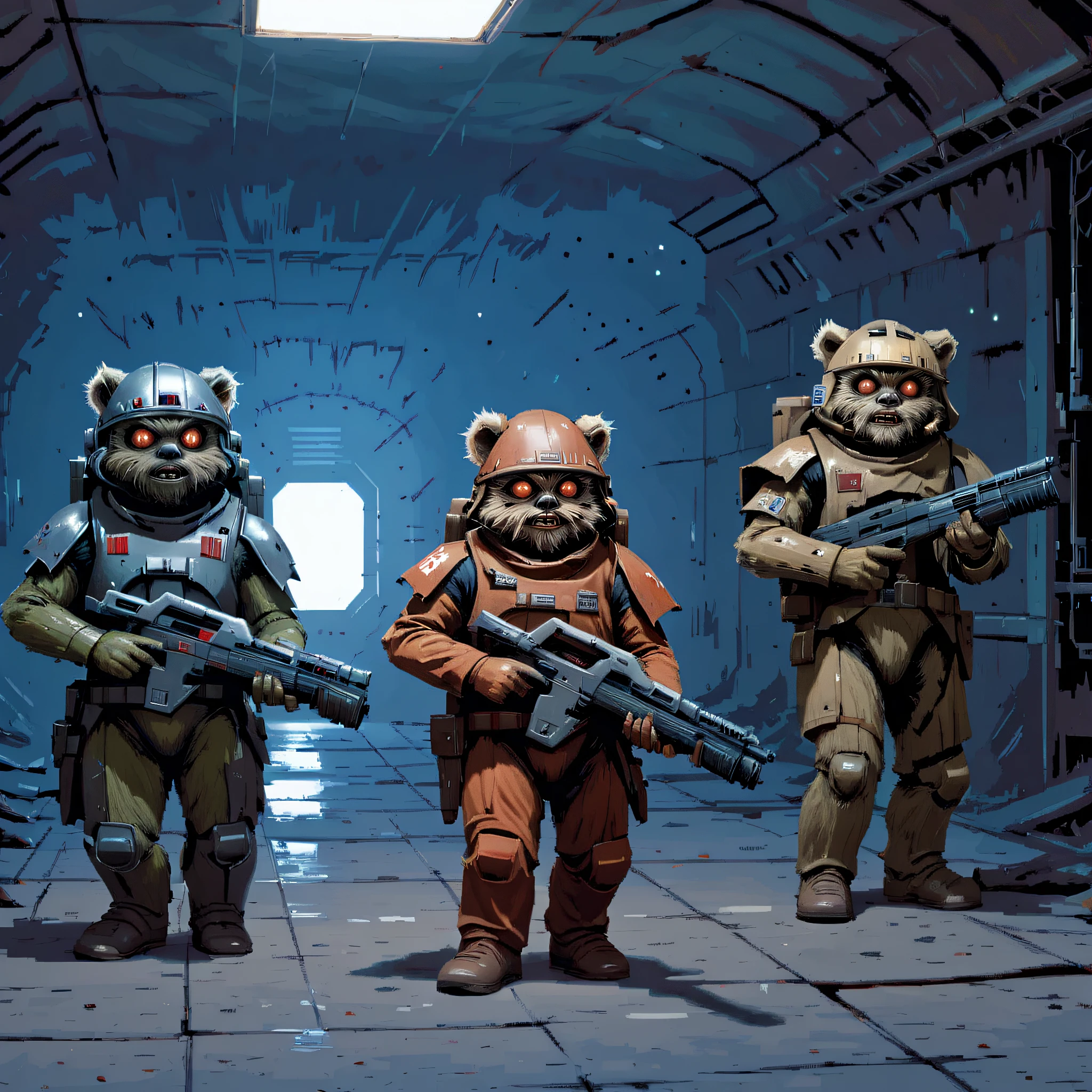 a group of ewks in armor holding rifles in an abandoned space station, m41apls, ewoks