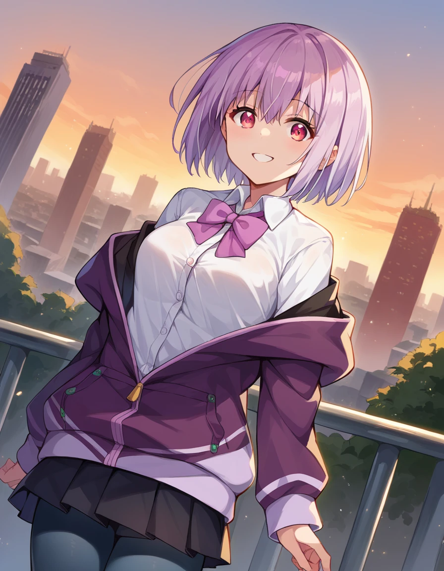 score_9, score_8_up, score_7_up, source_anime,
akaneshinjou, <lora:akane-shinjou-ponyxl-lora-nochekaiser:1>,
shinjou akane, light purple hair, pink eyes, short hair, smile,
black pantyhose, bow, collared shirt, hood, hooded jacket, jacket, open clothes, open jacket, open shirt, pantyhose, purple bow, purple jacket, school uniform, shirt, sleeves past wrists, unbuttoned shirt, white shirt,
outdoors, cityscape,
looking at viewer, cowboy shot, dutch angle,