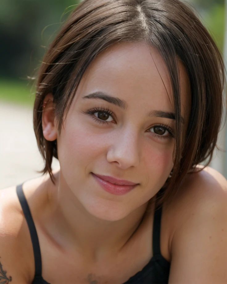 a picture of alizee15 woman , brunette, realistic, photorealistic, detailed skin, surface scattering, bokeh, skin pores, outdoors,wearing a top,subtle smile,detailed face, <lora:alizee15 (5):1> tattoo,black eyes