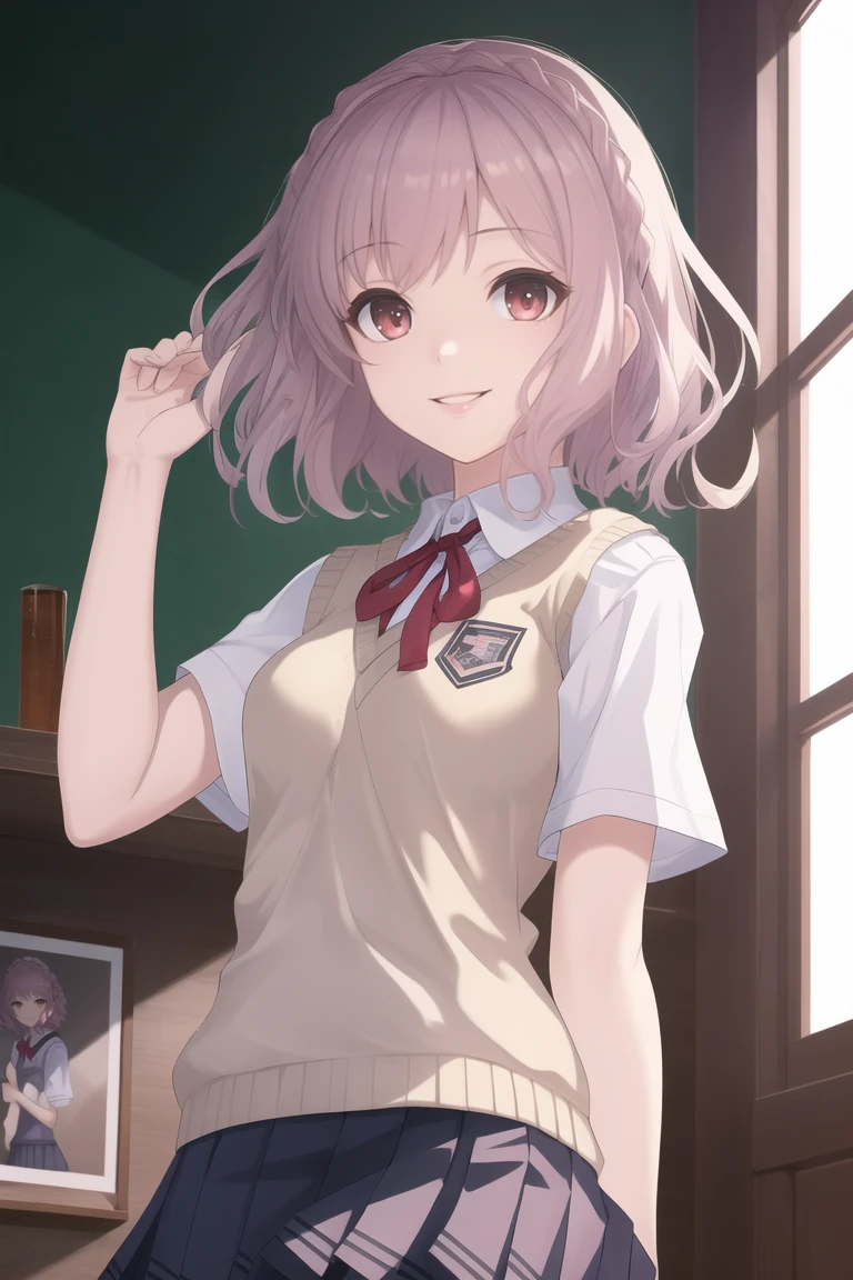 masterpiece, best quality, CG, wallpaper, HDR, high quality, high-definition, extremely detailed, rinnedef, school uniform, looking at viewer, smile