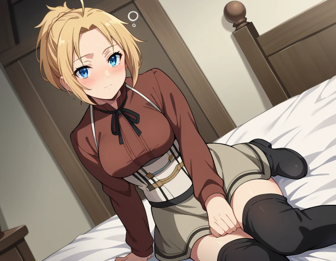 score_9, score_8_up, score_7_up, source_anime,
zenithgreyrat, <lora:zenith-greyrat-ponyxl-lora-nochekaiser:1>,
zenith greyrat, short hair, blonde hair, blue eyes, ponytail, ahoge,
skirt, shirt, thighhighs, long sleeves, ribbon, boots, black thighhighs, thigh boots, brown shirt,
indoors, bed, bed room, on side, drunk, blush,
looking at viewer, cowboy shot, dutch angle,