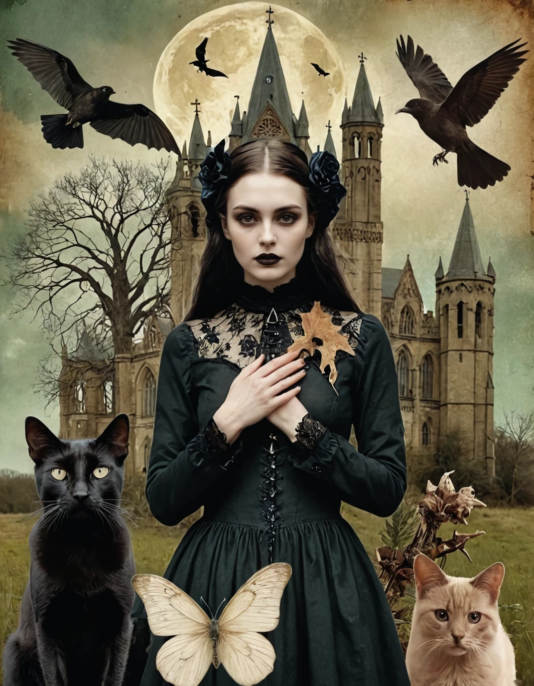 <lora:lora_witchcraftstyle_v2:1>, witchcraftstyle, 1girl, a collage of images of people and animals, gothic art, digital collage, surreal collage, an ecological gothic scene, gothic background, neogothic art, collage art, collage artwork, gothic aesthetic, collage art background, photoshop collage, gothic influence