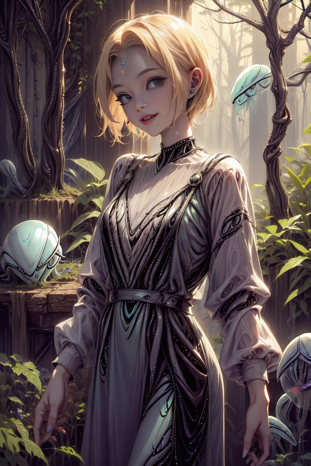 <lora:AlienWorld:1> (AlienWorld:1.35) 1girl ,( short blonde hair:1.2),walking in forest with a long dress, red bra smiling