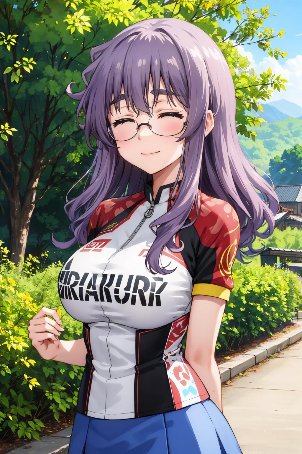 masterpiece, best quality, 1girl, <lora:ichinoseyayoi-nvwls-v1-000009:0.9> ichinoseyayoi, glasses, closed eyes, red and black shirt, short sleeves, clothes writing, blue skirt, shorts under skirt, upper body, looking at viewer, large breasts, blue sky, road, trees, smile