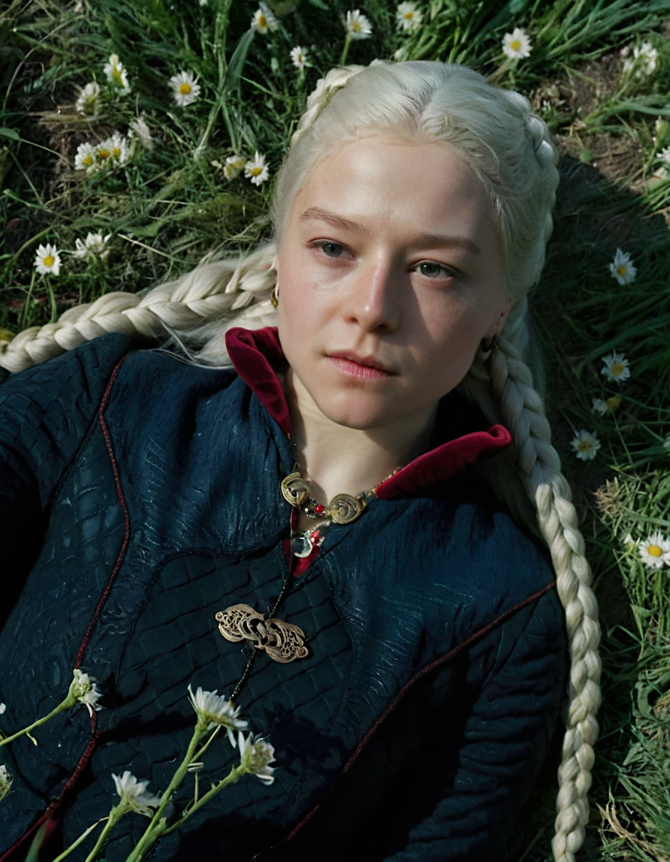 super high resolution photo close-up pov of rha3nyra,she has a long braid white hair ponytail,she is wearing a blue coat and necklace and she taking a selfie while laying in a field full of flowers,super detailed background,depth of field,(sweaty skin:1.2),volumetric lighting,during daylight,(surreal dramatic lighting shadow),natural lighting