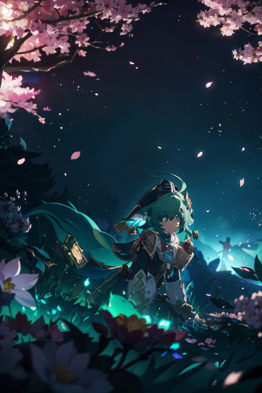 2d:1.2), wide shot, (dynamic angle:1.1), outline, ((thick lineart)), cover, stylish, official art, (details:1.2), (fantasy), garden, (bloom:1.1), glow:0.2, shadow, nature, cherry blossoms, particles, (depth of field), sharp focus, (volumetric lighting), (bokeh:0.6), film grain:0.4, (soft lighting:1.1), hohoo, long hair, green hair, hair ornament, animal ears, green eyes, black headwear, long sleeves, jewelry, beret, ahoge, looking at viewer<lora:hohoHSR_01_01:1>
