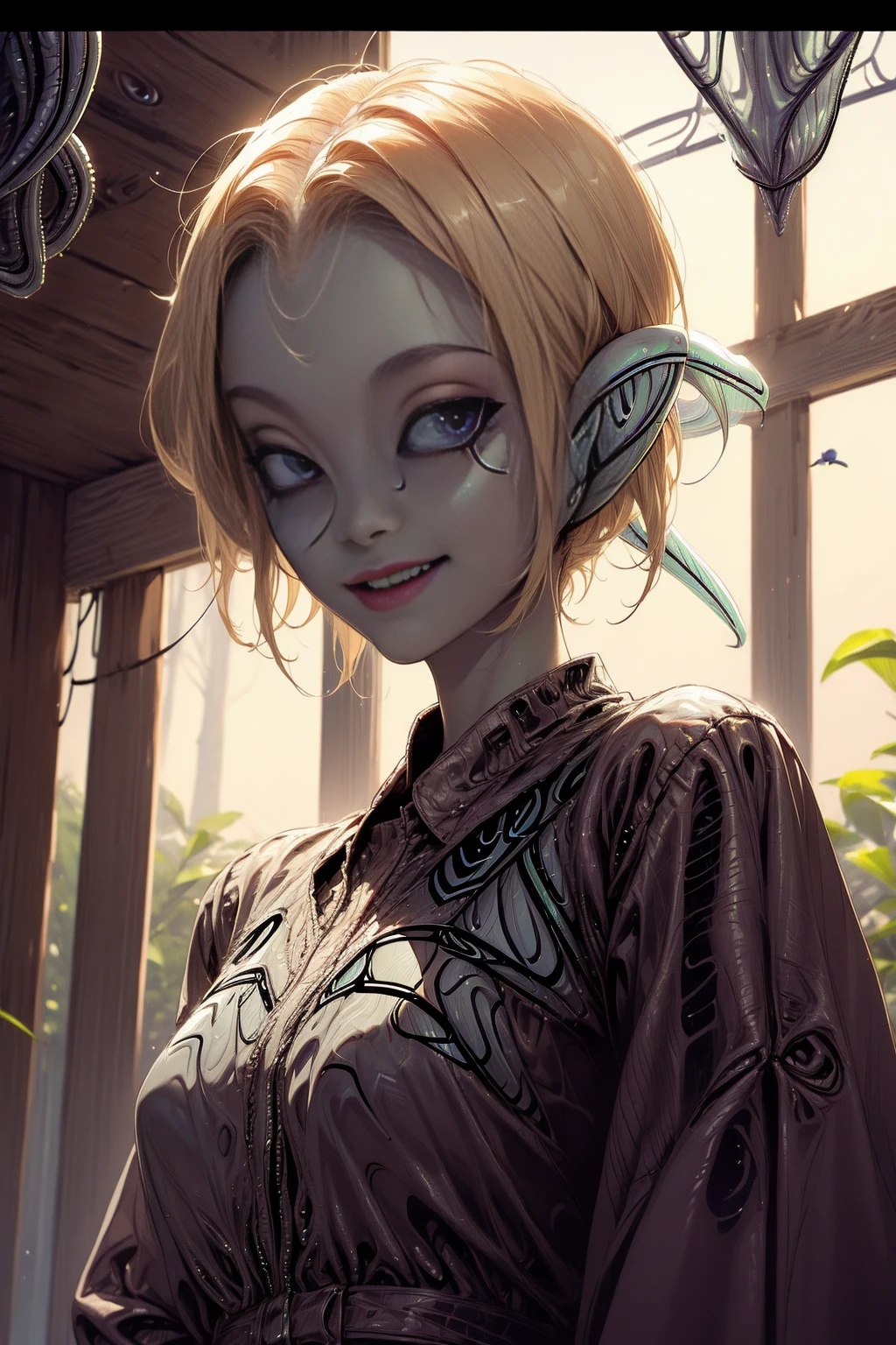 <lora:AlienWorld:1> (AlienWorld:1.35) 1girl ,( short blonde hair:1.2),walking in forest with a long dress, red bra smiling