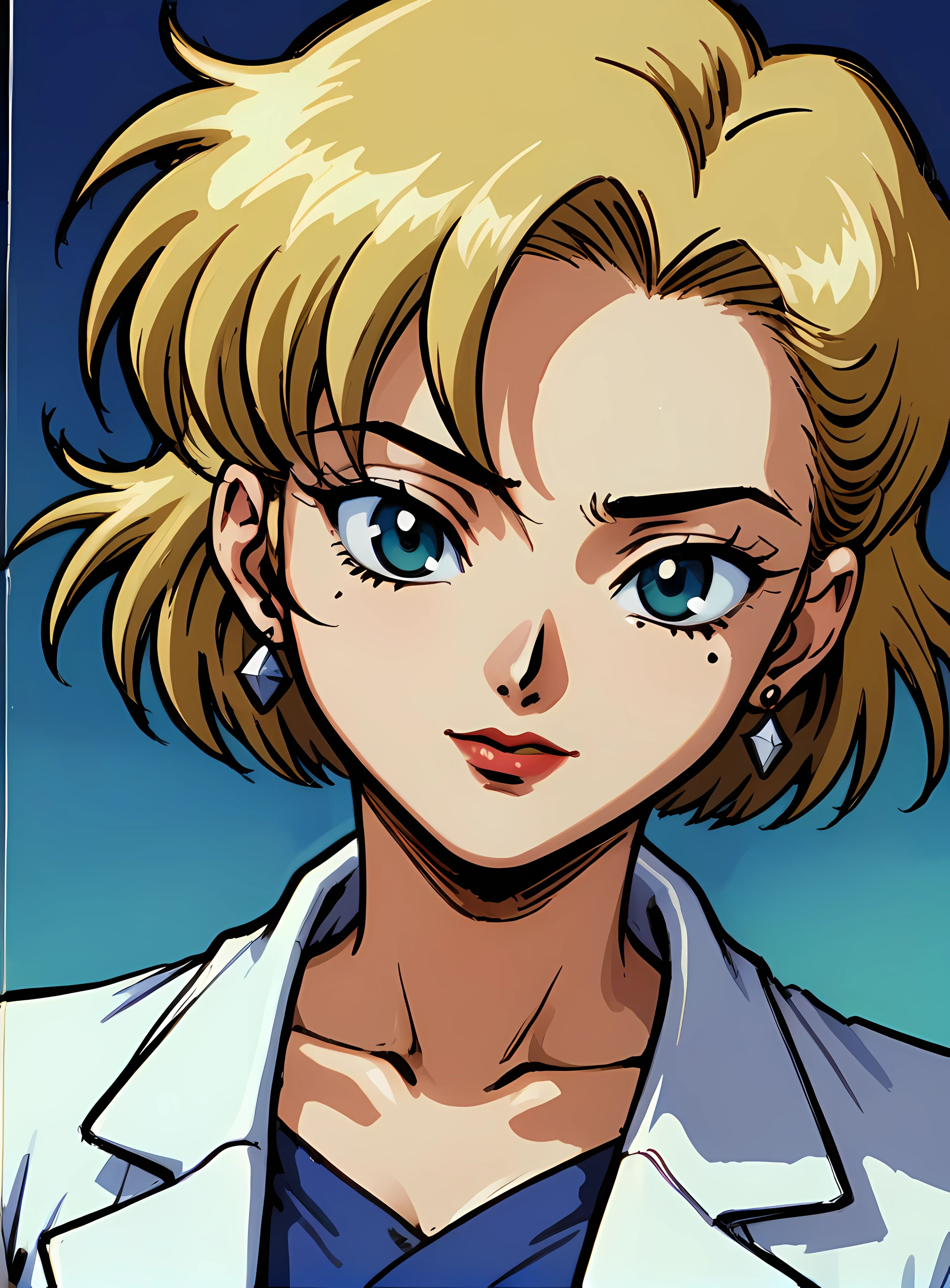 retro artstyle,1990s (style),oldest, <lora:Ritsuko:0.7>Ritsuki Akagi, 1girl,solo,short hair,blonde hair,jewelry,earrings,mole,mole under eye,bandages,labcoat