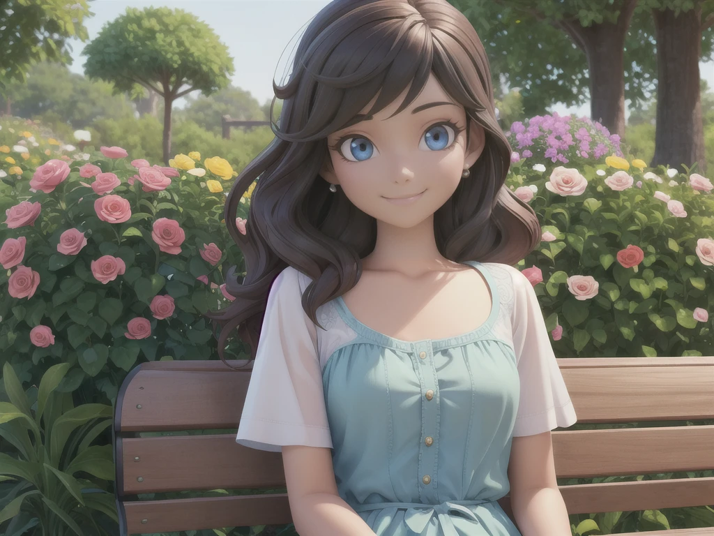 (3D, Disney), masterpiece, best quality, high quality, 1girl, solo, expressive face detail, upper body, smile, looking at viewer, sitting in a bench, beautiful garden with great flowers