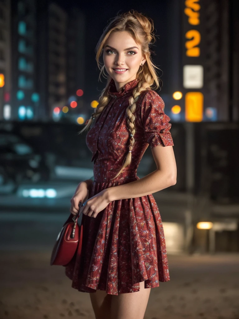 ((cowboy shot:1.5)))photo of a 30 years old 0d4ddysg1rls14(Futuristic dystopian city viewpoint with citizens linked through a neural network) warm smile,  (f) (Loose, twisted braid)  hair, glossy lips, soft skin, elegant makeup, wearing(candy apple red) (gossamer) (Basketweave print), (frilled dress)