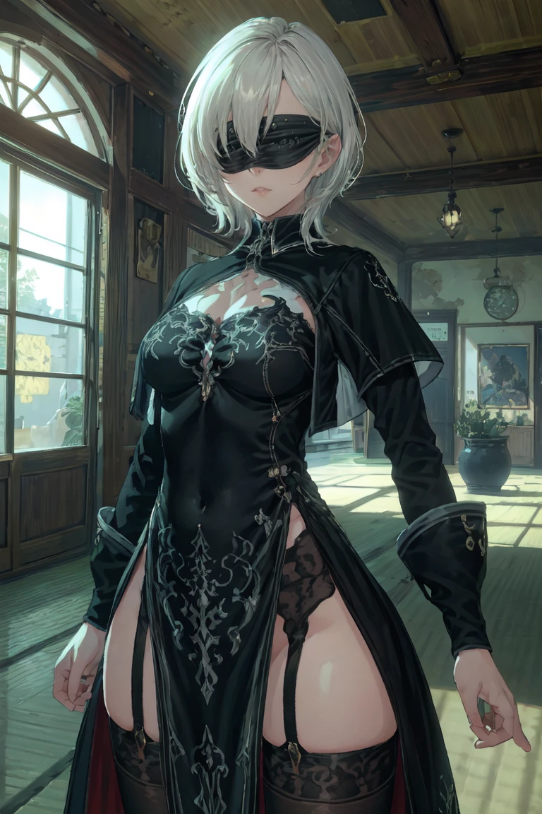 (from front, cowboy_shot:1.5),(indoors:1.5),
1girl,solo, 25 years old, <lora:10HSDEpochsCosine:0.8>,10h,white hair, dress,black dress, blindfold, black blindfold, shoulders_long_hair, short hair, black gloves, thighhighs, black thighhighs, long sleeves, boots, thigh boots, garter straps, pelvic curtain, high heels, high heel boots,
(best quality:1.1), (masterpiece:1.4), (absurdres:1.0),highres,clean, beautiful detailed body,beautiful detailed clothes,detailed eyes, beautiful face, wallpaper, ((ultra-detailed:1.5)), (best illustration), <lora:add_detail:0.5>