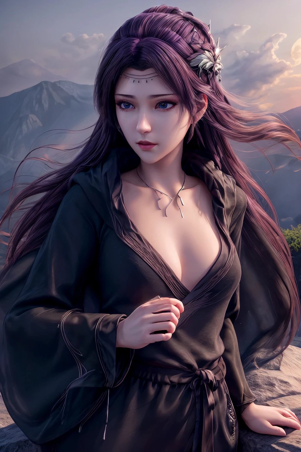 <lora:yunzhi-Y001:0.9>,yunzhi,black robe,1girl,solo,black hair,long hair,hood,sky,blue eyes,(frontlet:1.2),(hair accessories:1.2),(headwear_request:1.2),upper body,ice,crystal,cloud,closed mouth,hood down,sunset,(jewelry:1.3),looking at viewer,outdoors,(mature female:1.2),long face,<lora:Add More Detailsç»èè°æ´:0.8>,purple hair,, best quality , masterpiece, illustration, an extremely delicate and beautiful, extremely detailed ,CG,unity,8k wallpaper, Amazing, finely detail, masterpiece, best quality,official art,extremely detailed CG unity 8k wallpaper,absurdres, incredibly absurdres, huge filesize , ultra-detailed, highres, extremely detailed,beautiful detailed girl, extremely detailed eyes and face, beautiful detailed eyes,light on face,