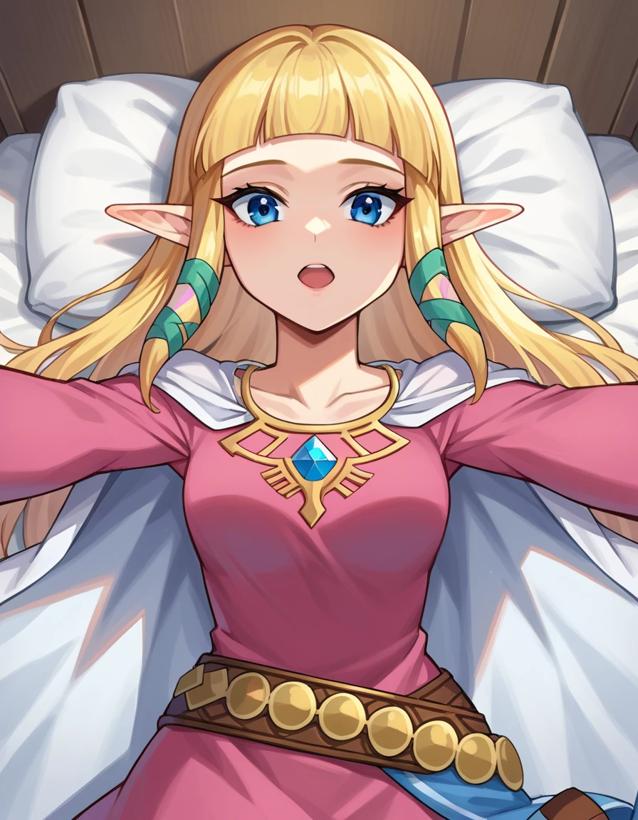 score_9, score_8_up, score_7_up, source_anime,
princesszelda, <lora:zelda-skyward-sword-ponyxl-lora-nochekaiser:1>,
zelda skyward sword, blonde hair, blue eyes, long hair, pointy ears, sidelocks, elf, bangs, blunt bangs, ribbons, hair ribbons,
belt, cape, dress, long sleeves, pink dress, white cape,
indoors, bed, bed room, on back, arm support, arms up, incoming hug, pov, reaching, reaching towards viewer,
looking at viewer, cowboy shot, dutch angle,