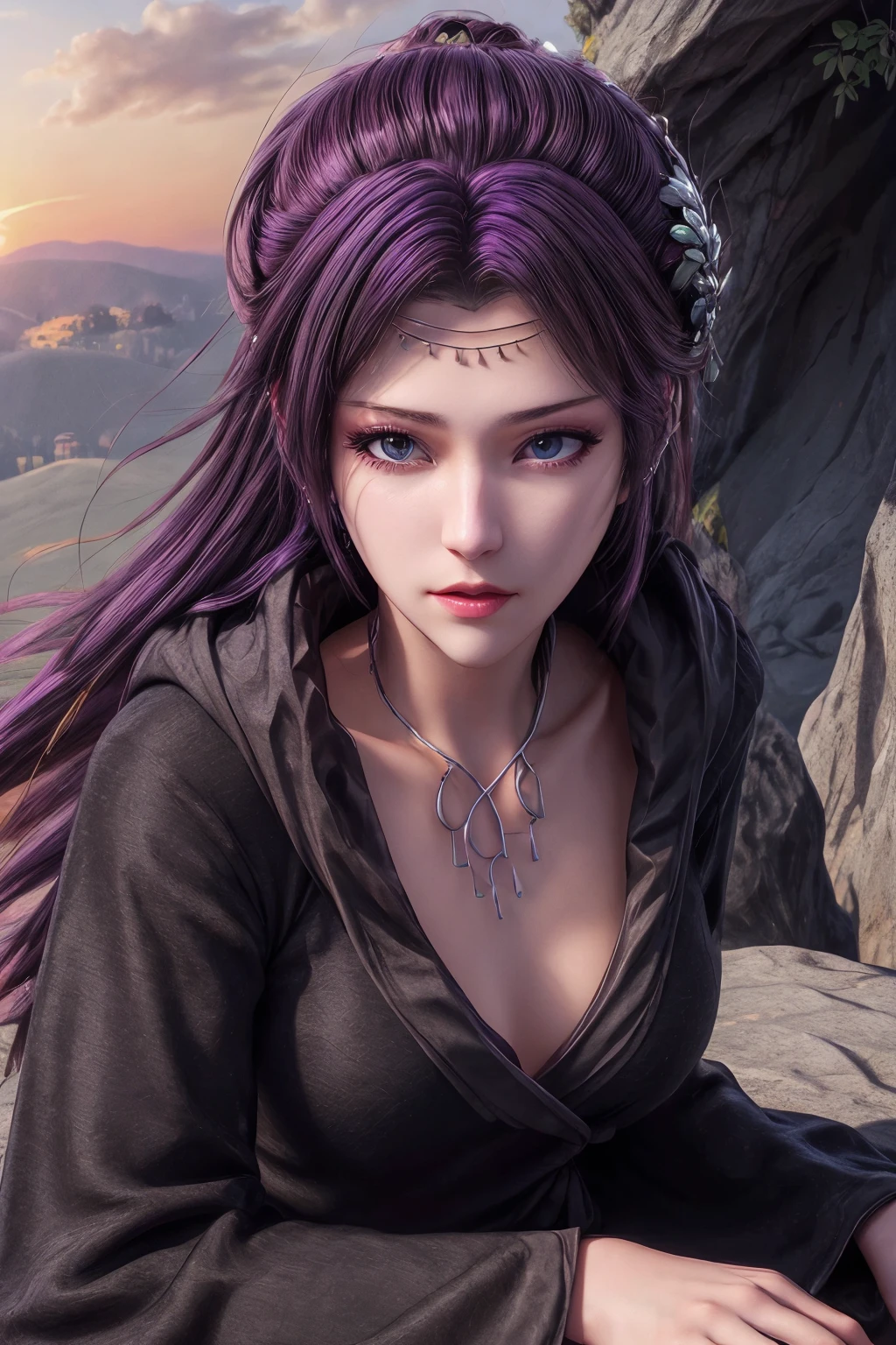 <lora:yunzhi-Y001:0.9>,yunzhi,black robe,1girl,solo,black hair,long hair,hood,sky,blue eyes,(frontlet:1.2),(hair accessories:1.2),(headwear_request:1.2),upper body,ice,crystal,cloud,closed mouth,hood down,sunset,(jewelry:1.3),looking at viewer,outdoors,(mature female:1.2),long face,<lora:Add More Detailsç»èè°æ´:0.8>,purple hair,, best quality , masterpiece, illustration, an extremely delicate and beautiful, extremely detailed ,CG,unity,8k wallpaper, Amazing, finely detail, masterpiece, best quality,official art,extremely detailed CG unity 8k wallpaper,absurdres, incredibly absurdres, huge filesize , ultra-detailed, highres, extremely detailed,beautiful detailed girl, extremely detailed eyes and face, beautiful detailed eyes,light on face,