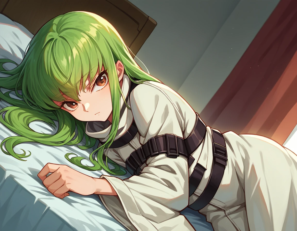 score_9, score_8_up, score_7_up, source_anime,
codegeasscc, <lora:codegeass-cc-ponyxl-lora-nochekaiser:1>,
cc, brown eyes, green hair, long hair, straight hair,
straitjacket, white straitjacket, wide sleeves,
indoors, bed, bed room, on side,
looking at viewer, dutch angle, cowboy shot,