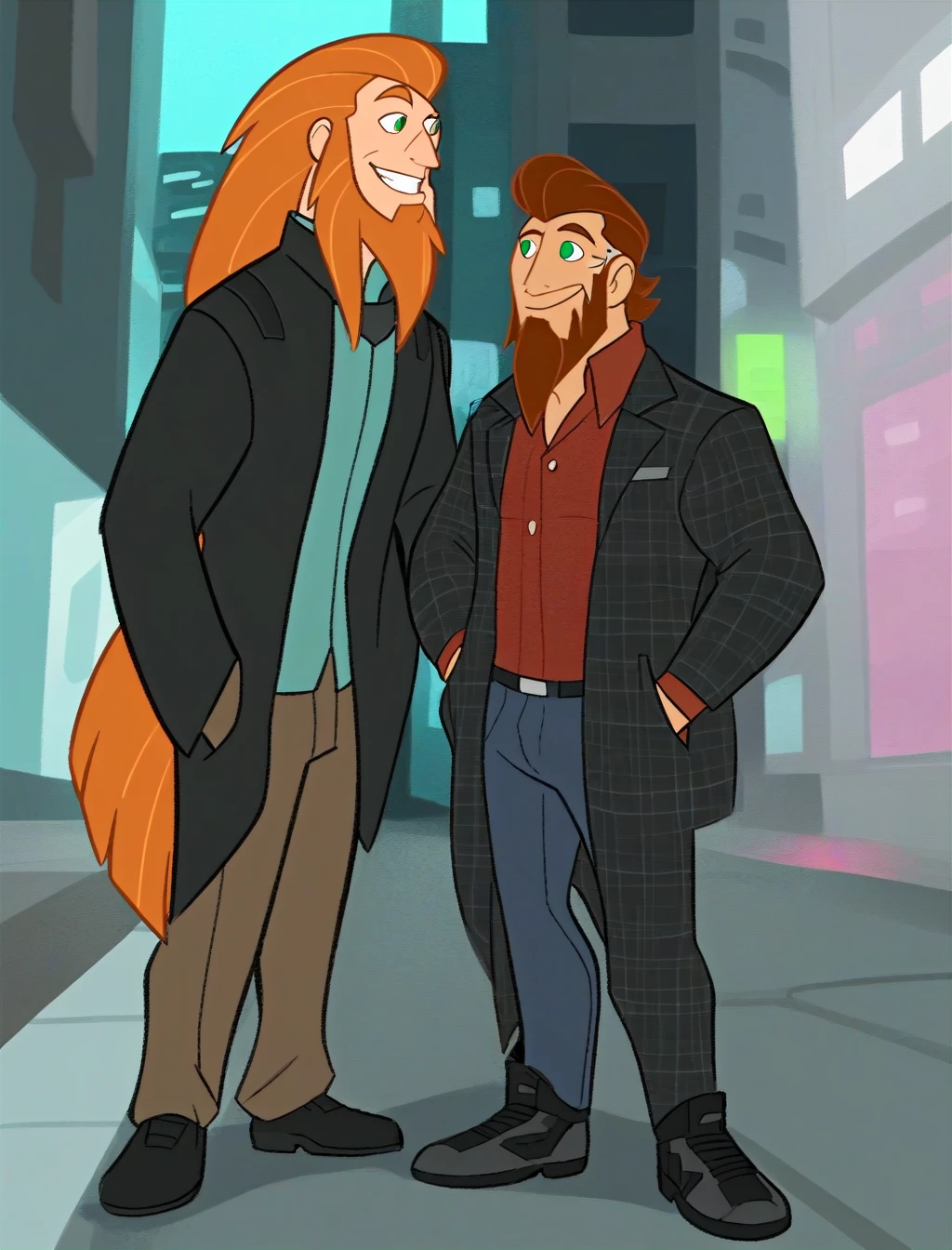 score_9, score_8_up, score_7_up, man in checkered suit, long beard, smile, hands in pockets, cyberpunk scenery <lora:KimPossiblePony:1>