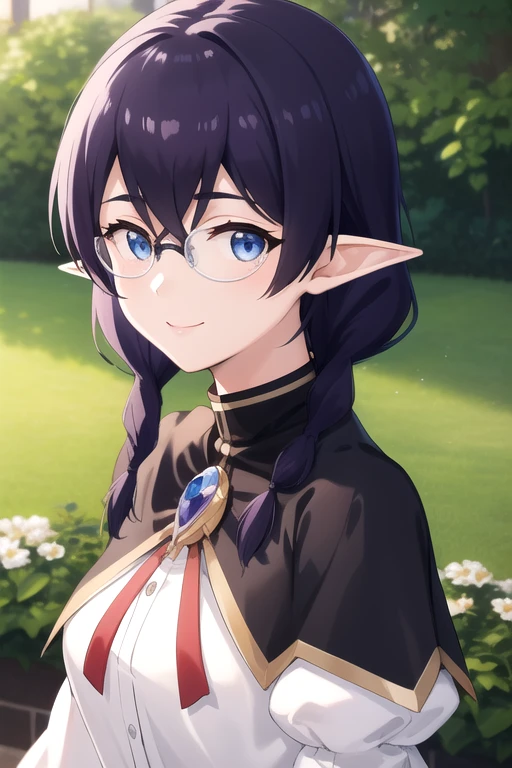 ((masterpiece)),(best quality),official art,extremely detailed CG,unity 8k wallpaper,ultra detailed,beautiful detailed eyes,extremely detailed face,outdoors,1girl,solo,upper body,(portrait:1.5),looking at viewer,facing viewer,smile,maria (eiyuu kyoushitsu),long hair,purple hair,twin braids,pointy ears,bangs,glasses,blue eyes,black capelet,brooch,choker,red ribbon,turtleneck shirt,white shirt,long sleeves,juliet sleeves,puffy sleeves,medium breasts,purple skirt,black socks,<lora:Maria(ek)>,