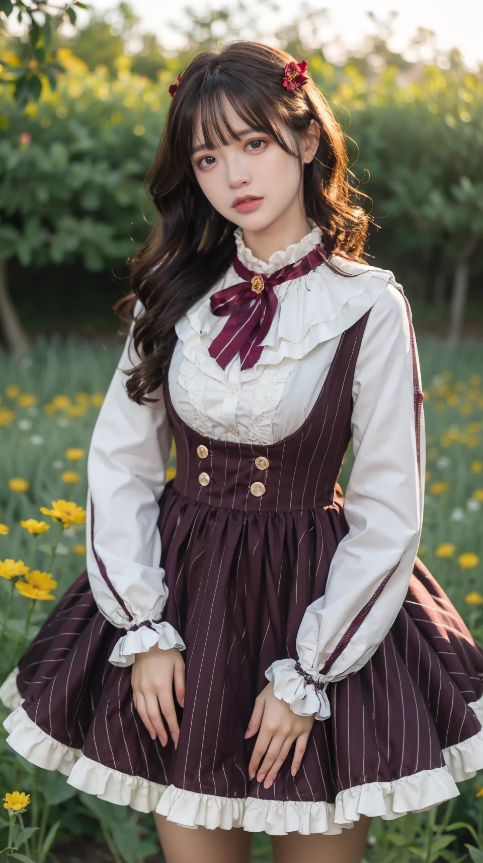 best quality,HDR,UHD,8K,Vivid Colors,solo,photo_,(1girl:1.3),(standing:1.3),(looking at viewer:1.4),Elegant,detailed gorgeous face,(cowboy shot:1.2),morning,(flower field background:1.2),black eye,long hair,<lora:Twinkle13:0.75>,dress,ribbon,long sleeves,frilled dress,crinoline,sunlight,dappled sunlight,marginal light,
