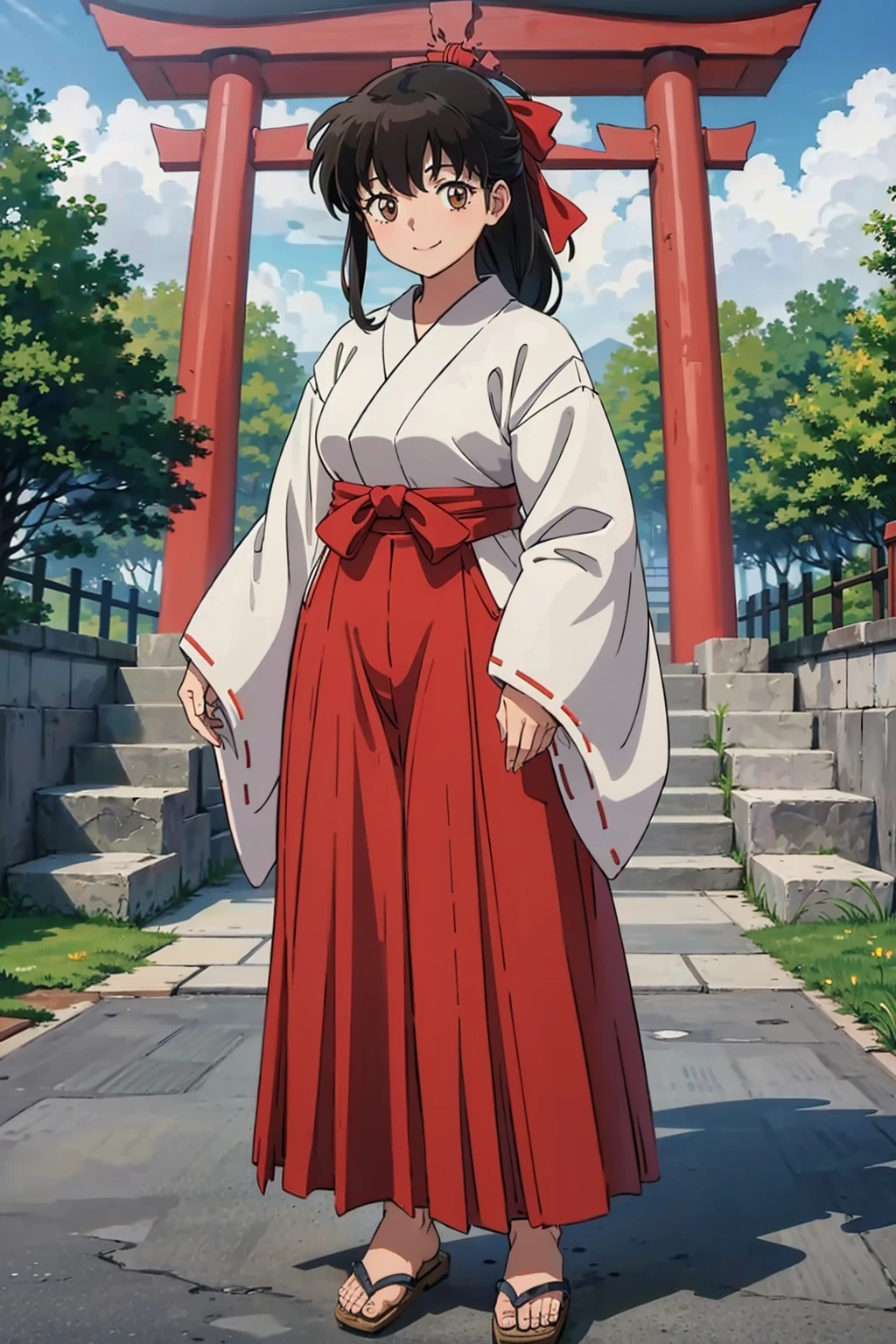 masterpiece, best quality, 1girl, solo, looking at viewer, torii, outdoors, shrine, <lora:EPinKagome-13:0.7>, EPinKagome black hair, brown eyes, japanese clothes, skirt, full body, ribbon-trimmed sleeves, hakama, hakama skirt, smile, sandals, miko, red hakama, long sleeves, ribbon trim, wide sleeves, miko,
