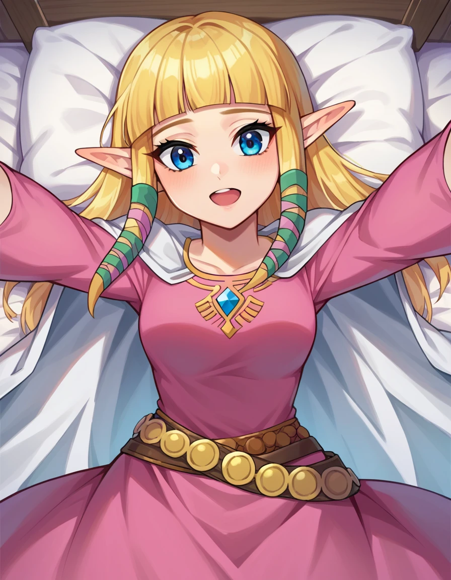 score_9, score_8_up, score_7_up, source_anime,
princesszelda, <lora:zelda-skyward-sword-ponyxl-lora-nochekaiser:1>,
zelda skyward sword, blonde hair, blue eyes, long hair, pointy ears, sidelocks, elf, bangs, blunt bangs, ribbons, hair ribbons,
belt, cape, dress, long sleeves, pink dress, white cape,
indoors, bed, bed room, on back, arm support, arms up, incoming hug, pov, reaching, reaching towards viewer,
looking at viewer, cowboy shot, dutch angle,