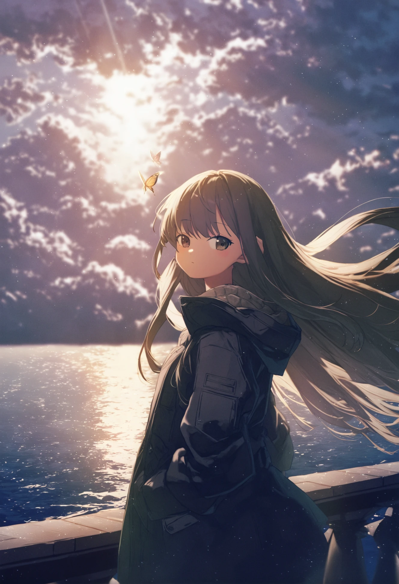 masterpiece, best quality,1girl, solo, looking at viewer, long hair, bangs, closed mouth, jacket, upper body, cloud, sky, outdoors, cloudy sky, light rays, fantasy, water, sunlight, light particles, building, bug, standing, butterfly, animal, solo ,
<lora:potgXLlokr4f-000143:1>