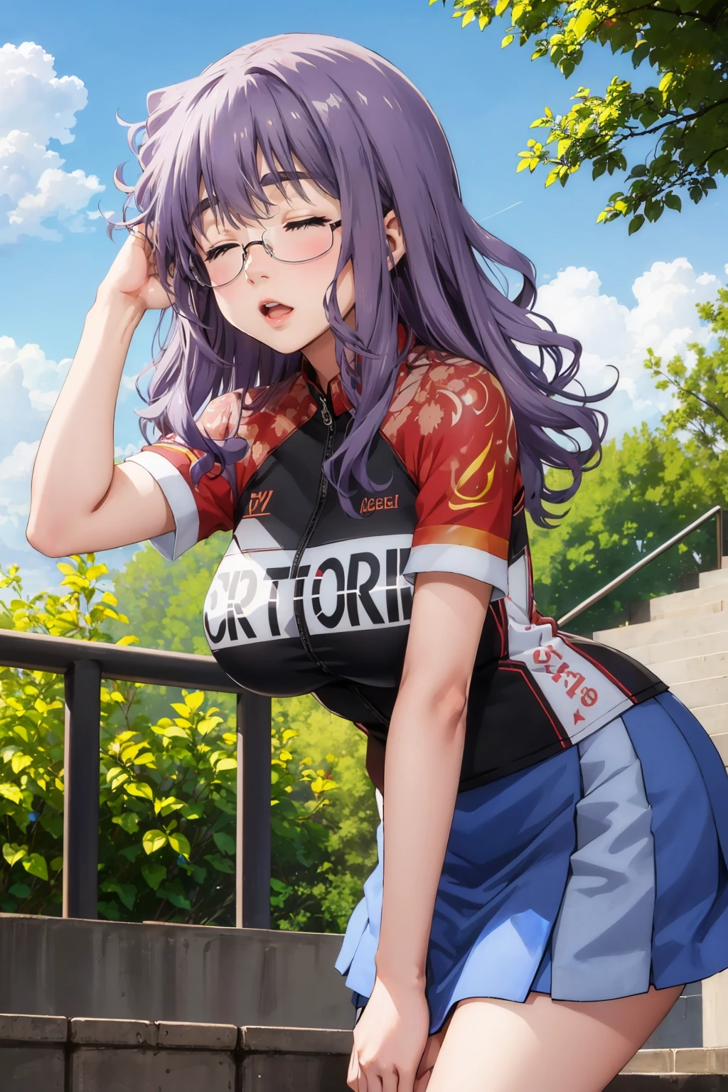 masterpiece, best quality, 1girl, <lora:ichinoseyayoi-nvwls-v1-000009:0.9> ichinoseyayoi, glasses, closed eyes, red and black shirt, short sleeves, clothes writing, blue skirt, shorts under skirt, large breasts, :o, looking at viewer, leaning forward, stairs, blue sky