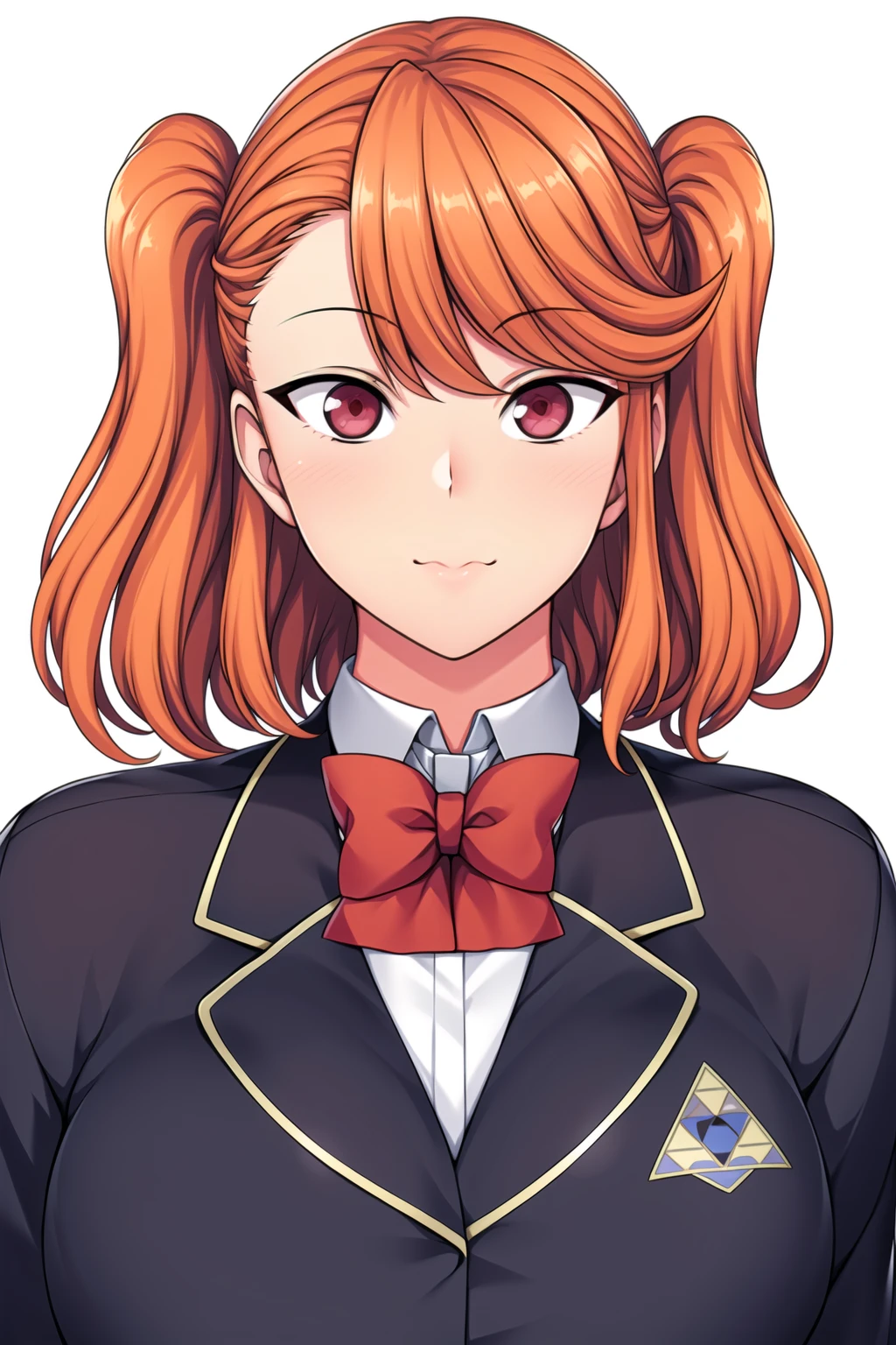 Simple White Background,
dynamic pose,standing at attention,
school_uniform,Blue_jacket,red_bowtie, pleated_skirt,long sleeves,
<lora:Hitomi_Komori_SaiminSeishidou-KK77-V1:0.7>,
Orange_hair,Red _eyes,Short_hair,Bangs,leftside ponytail, 
<lora:Oda_Non_Style-KK77-V2:0.2>,<lora:SaiminSeishidou_Lesson_Style-KK77-V1:0.3>,<lora:more_details:0.1>,
1 girl, 20yo,Young female,Beautiful long legs,Beautiful body,
Beautiful Nose,Beautiful character design, perfect eyes, perfect face,expressive eyes,perfect balance,
looking at viewer,(Focus on her face),closed mouth, (innocent_big_eyes:1.0),expressionless,
official art,extremely detailed CG unity 8k wallpaper, perfect lighting,Colorful, Bright_Front_face_Lighting,White skin,
(masterpiece:1.0),(best_quality:1.0), ultra high res,4K,ultra-detailed,
photography, 8K, HDR, highres, absurdres:1.2, Kodak portra 400, film grain, blurry background, bokeh:1.2, lens flare, (vibrant_color:1.2),professional photograph,
(Beautiful,large_Breasts:1.2), (beautiful_face:1.5),(narrow_waist),