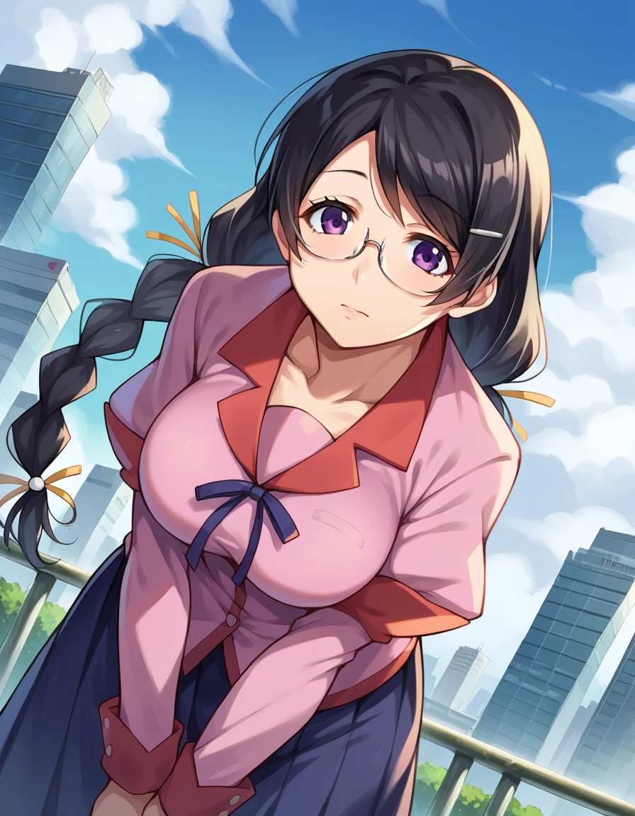 score_9, score_8_up, score_7_up, source_anime,
tsubasahanekawa, <lora:tsubasa-hanekawa-ponyxl-lora-nochekaiser:1>,
hanekawa tsubasa, long hair, black hair, hair ornament, purple eyes, braid, hairclip, twin braids, glasses, mature female,
skirt, school uniform, naoetsu high school uniform,
outdoors, cityscape, bent over,
looking at viewer, cowboy shot, dutch angle,