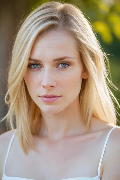 a portrait photo of a woman, translucent skin, detailed skin, pale skin, looking at viewer, upper body, Ash blonde hair, frown expression, 4k high quality, sharp focus, high resolution, depth of field, outdoors, natural light,