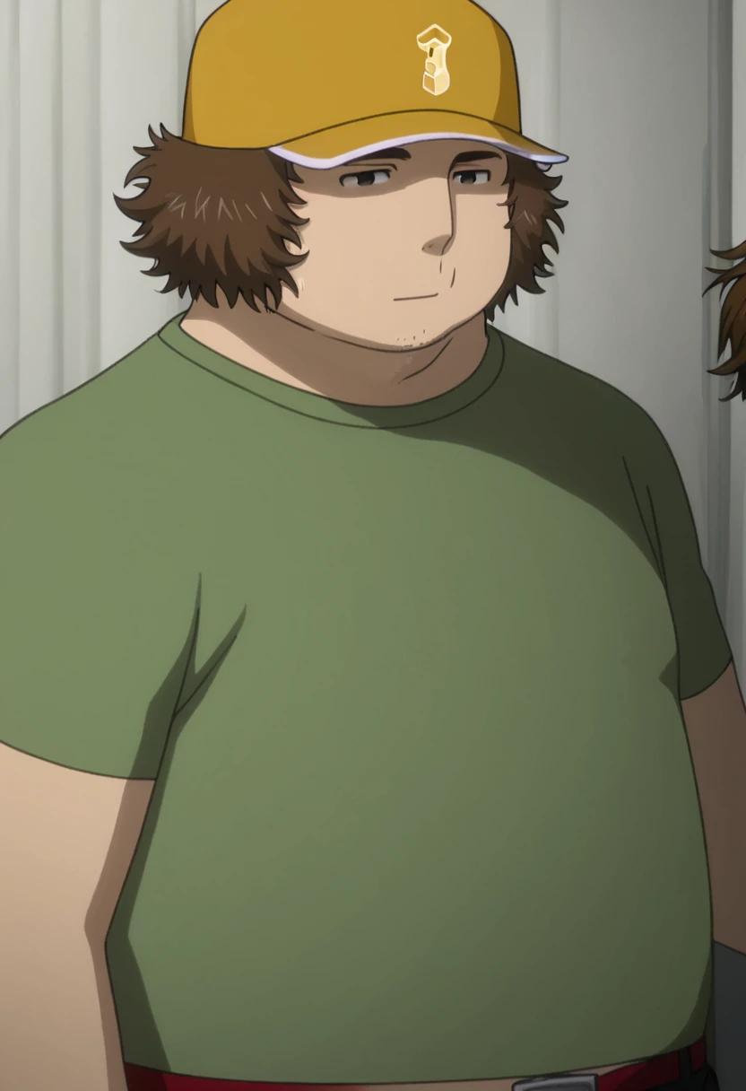 hashida itaru, baseball cap, brown hair, hashida itaru, hat, male focus, shirt, short hair, stubble <lora:hashida itaru:1>