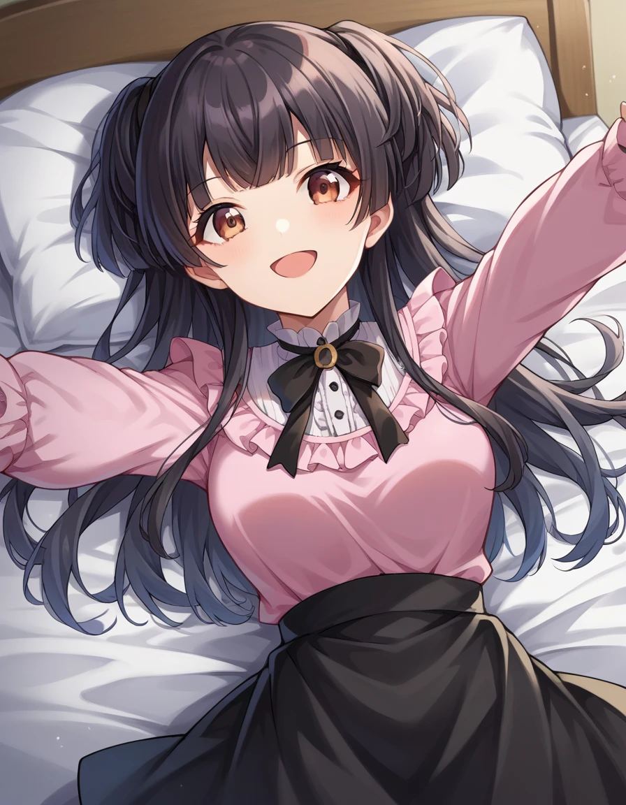 score_9, score_8_up, score_7_up, source_anime,
fuyukomayuzumi, <lora:fuyuko-mayuzumi-ponyxl-lora-nochekaiser:1>,
fuyuko mayuzumi, black hair, brown eyes, long hair, two side up, smile,
black bow, black bowtie, black ribbon, black skirt, bow, bowtie, frilled shirt, frills, jirai kei, long sleeves, neck ribbon, pink shirt, ribbon, shirt, skirt, white shirt,
indoors, bed, bed room, on back, arm support, arms up, incoming hug, pov, reaching, reaching towards viewer,
looking at viewer, dutch angle, cowboy shot,