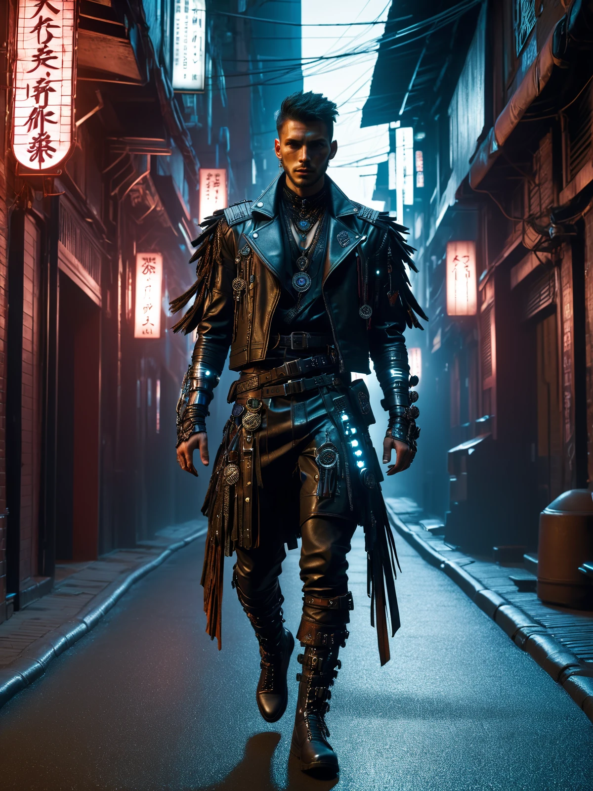 cinematic shot, dramatic lighting, man mad-cybrshmn, ornated clothing, talisman, leather frills, cyberpunk alley, dynamic walking pose,  <lora:Neon_Cyberpunk_SDXL_Cybershaman:0.8>, masterpiece, best quality, ultra high res, (photorealistic, realistic:1.2), deep shadow, raw photo, film grain, Fujifilm XT3, 8k uhd, dslr