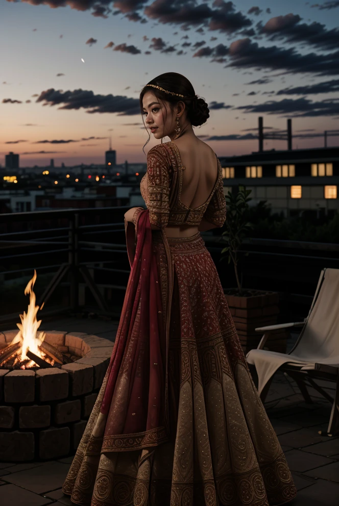 <lora:00red00bridal00legnga:0.9> 00red00bridal00legnga, 1girl, solo, rooftop, campfire, skyline, dusk