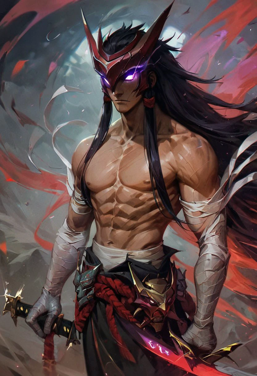 score_9, score_8_up, score_7_up, Yone, male focus, holding weapon, purple eyes, bandaged arm, holding sword, glowing, solo, looking at viewer, long hair, katana, sword, muscular, holding, black hair, weapon, bandages, 1boy, topless male, mask, glowing eyes