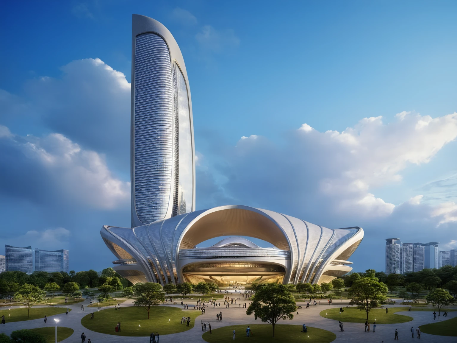 <lora:JJsCurvyArchitecture_XL:1>,((CurvyArchitecture)) , ((best quality)),((masterpiece)),((realistic)), outdoors, cloud, blue sky, no humans, building, scenery, city, cityscape, skyscraper,  center composition, park,  car, tree, dramatic lighting,