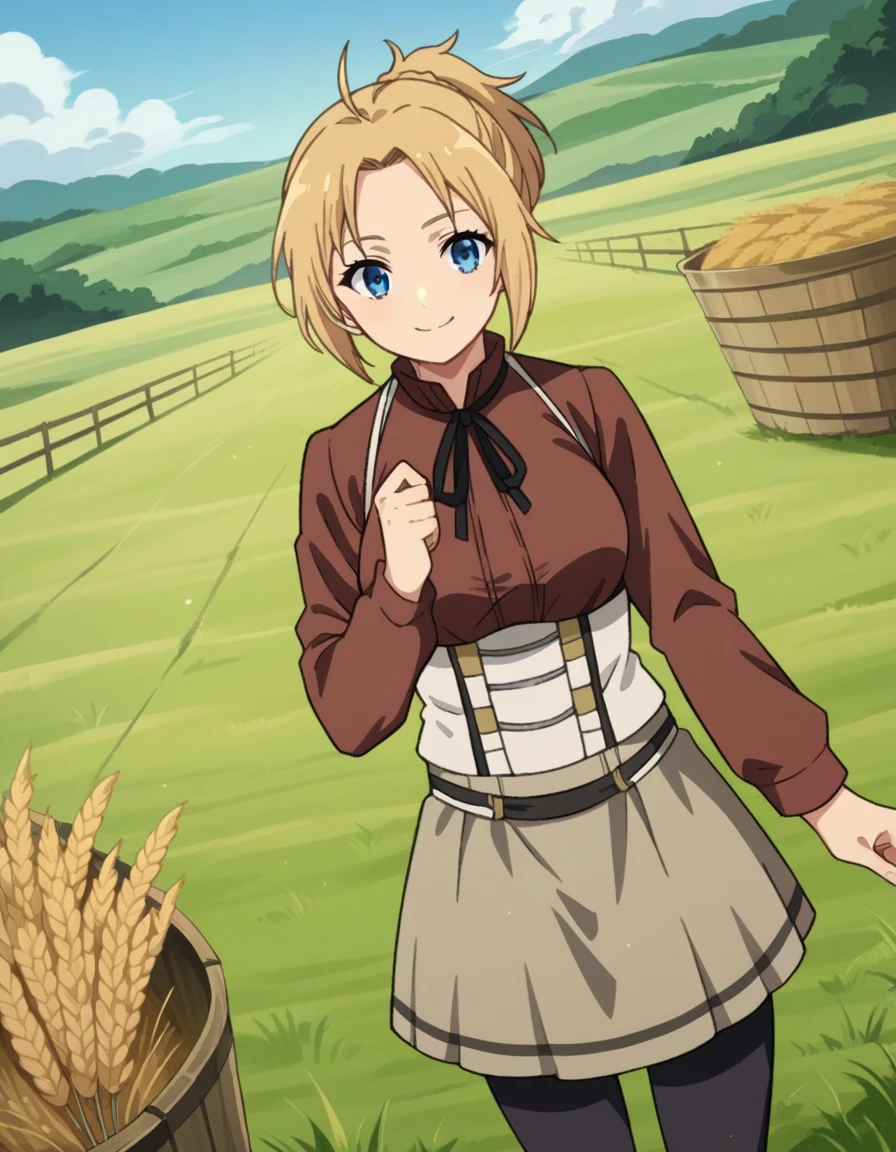 score_9, score_8_up, score_7_up, source_anime,
zenithgreyrat, <lora:zenith-greyrat-ponyxl-lora-nochekaiser:1>,
zenith greyrat, short hair, blonde hair, blue eyes, ponytail, ahoge, smile,
skirt, shirt, thighhighs, long sleeves, ribbon, black thighhighs, brown shirt,
outdoors, field, farm, wheat,
looking at viewer, cowboy shot, dutch angle,