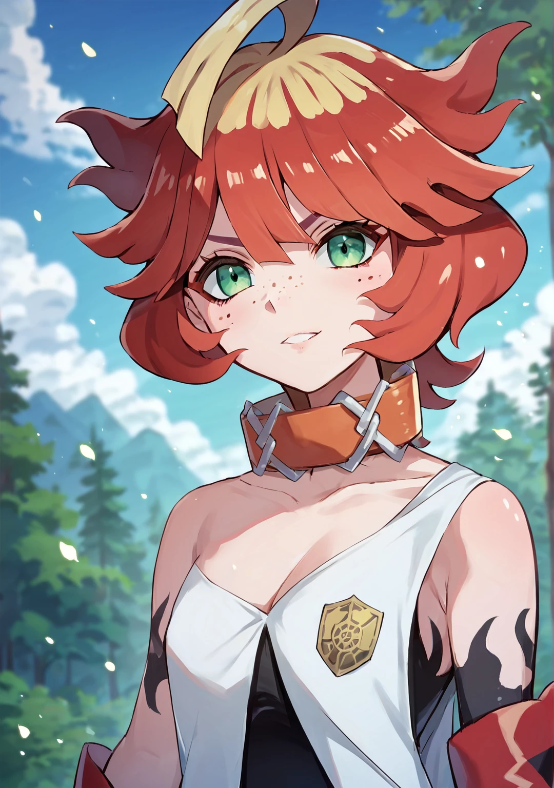 score_8_up, score_7_up, score_6_up, score_5_up, score_4_up, anime screenshot
 <lora:Mela (Autism SDXL)-000009:0.8> 1girl, solo, mela (pokemon), multicolored hair, red hair, blonde hair, green eyes, collar, freckles, gloves, red footwear, 
standing, looking at viewer, upper body, forest,
