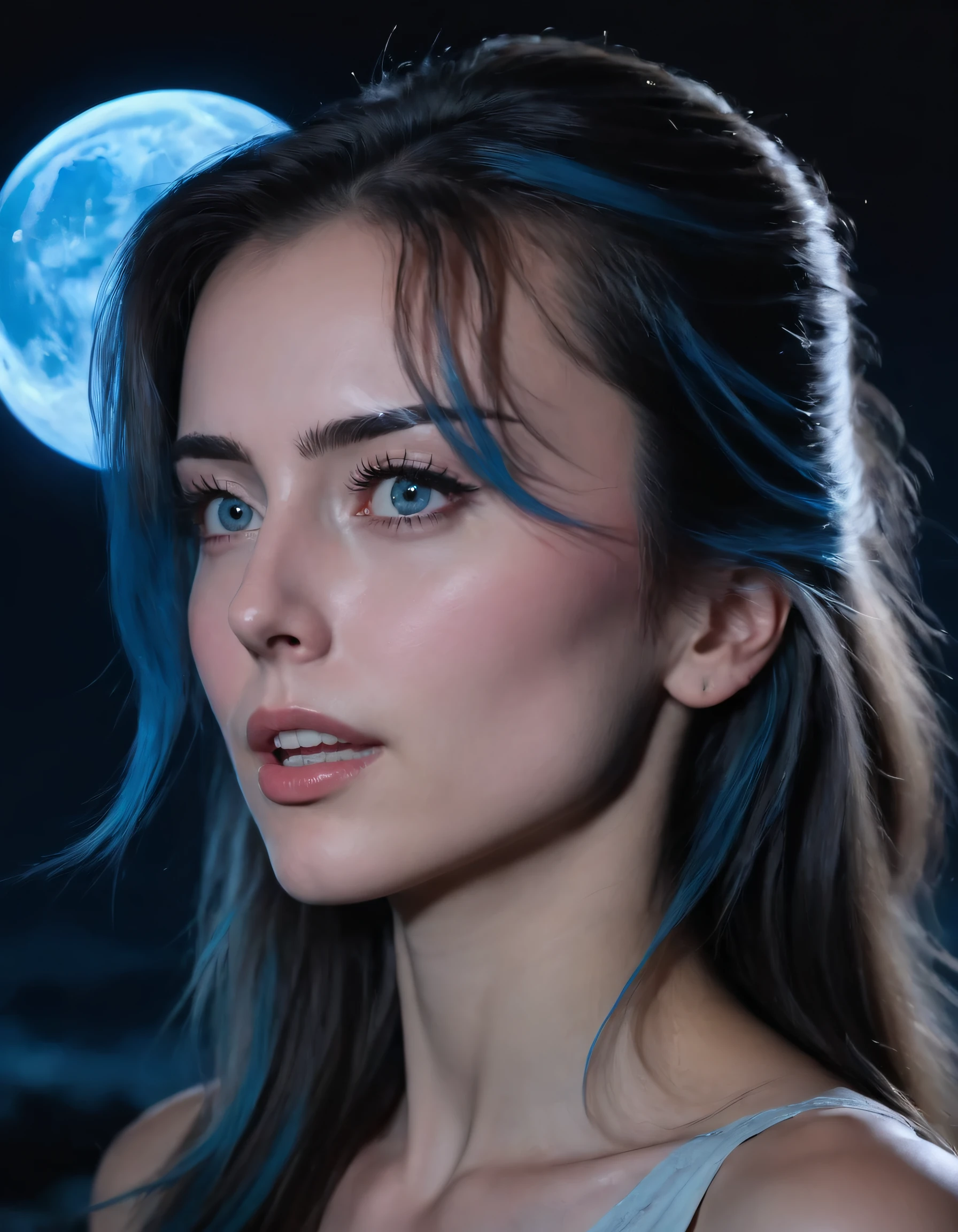 (((masterpiece))), (((best quality))), (1 woman), looking away from viewer, shoulderlong hair, falling on one side, side bangs, (realistic),  beautiful face, (sharp focus),(cinematic lighting),(extremely detailed), high contrast, moon surface in back, blue glowing. The breathtaking masterpiece featuring a stunning girl with diaphanous hair flowing down one side and side bangs accentuating her elegant features as she gazes past the viewer, showcasing realistic detailing and sharp focus; captured under cinematic lighting, with an extremely detailed high contrast setting of the moon surface glowing blue in the background. Di1araa.s <lora:jwgzyv18e06a4fbcbx65d:1>