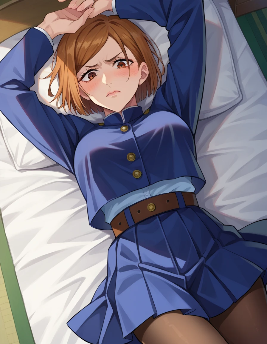 score_9, score_8_up, score_7_up, source_anime,
nobarakugisaki, <lora:nobara-kugisaki-ponyxl-lora-nochekaiser:1>,
nobara kugisaki, bob cut, brown eyes, brown hair, lips, short hair, embarrassed, blush,
belt, brown belt, brown pantyhose, crop top, crop top overhang, jujutsu tech uniform, pantyhose, pleated skirt, shirt tucked in, skirt, blue skirt, blue crop top,
indoors, bed, bed room, on back, arm support, arms up, incoming hug, pov, reaching, reaching towards viewer,
looking at viewer, cowboy shot, dutch angle,