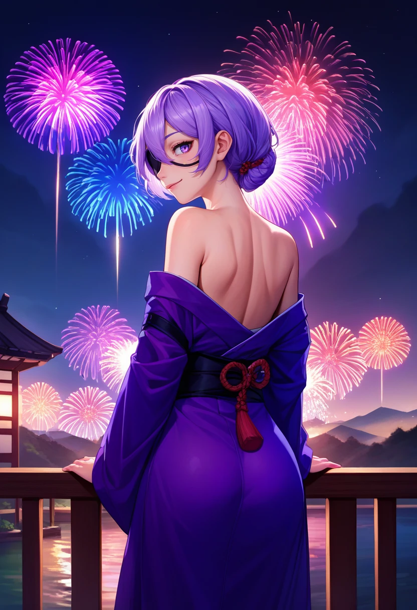 score_9, score_8_up, score_7_up, source_anime, from behind, solo, 1girl, themartyr, slight smile, looking back, eyepatch, purple kimono, off shoulder, bare shoulders, fireworks <lora:thecitadel_martyr_ponyXL:1>