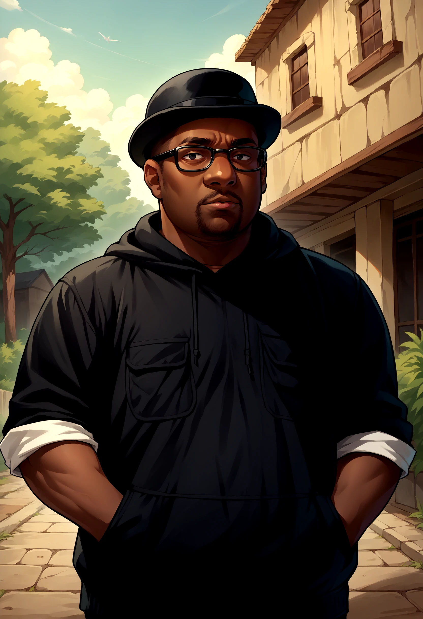 score_9, score_8_up, source_anime, 1boy, solo, male focus, BigSmoke, black eyes, dark-skinned male, facial hair, glasses, black headwear, <lora:BigSmoke_XLPD:1>, black hoodie, outdoors, hands in pockets,