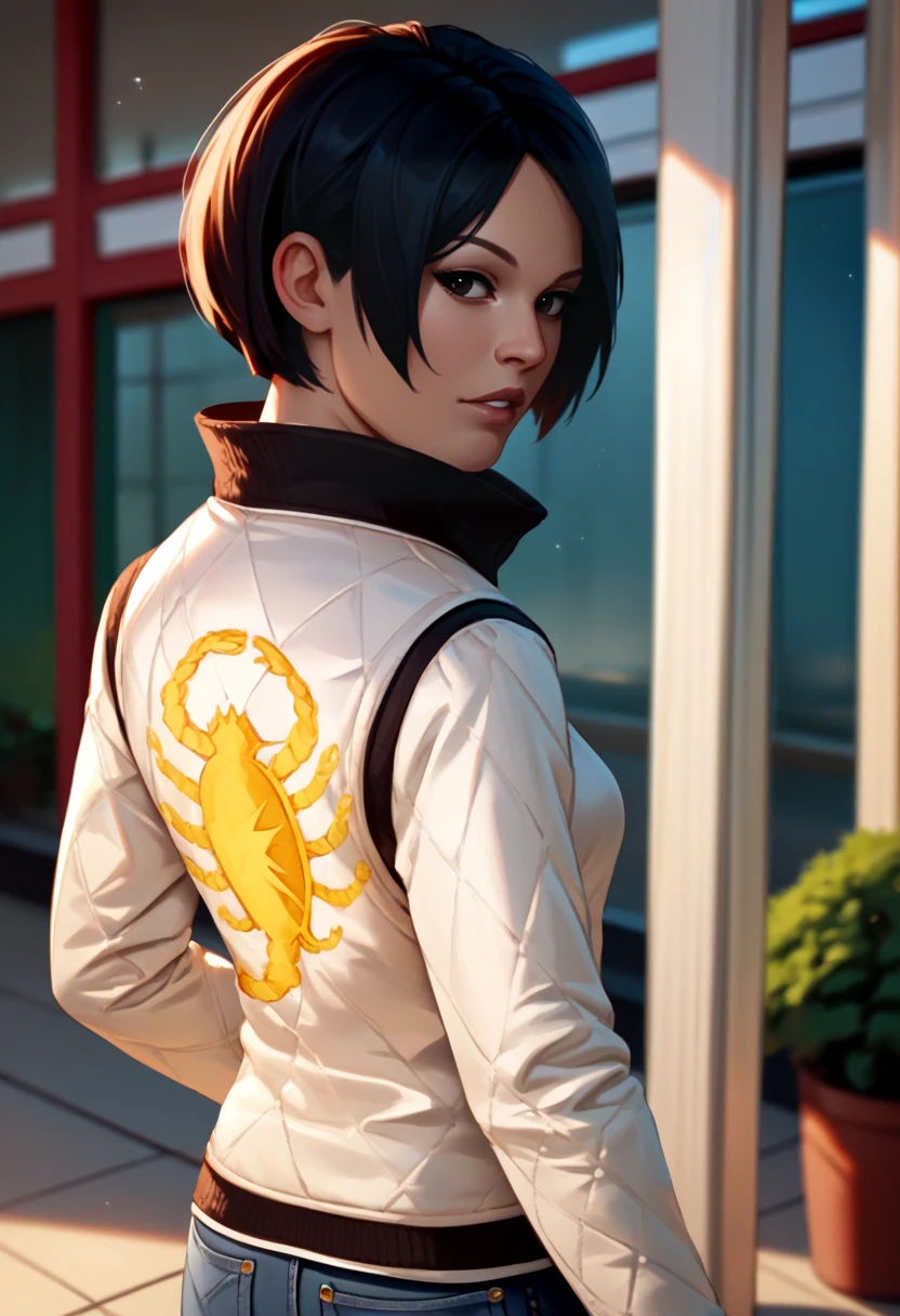 score_9, score_8_up, score_7_up, source_anime BREAK <lora:drivejacket-outfit-richy-v1_pdxl:1> print jacket, white jacket, from side, jeans, 1girl, solo, standing, <lora:adawong-re-richy-v1_pdxl:0.8> adasweater, black hair, black eyes, short hair, looking at viewer, looking back, parted lips